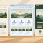 Three website designs show the same landscape picture with different colors and page layouts.