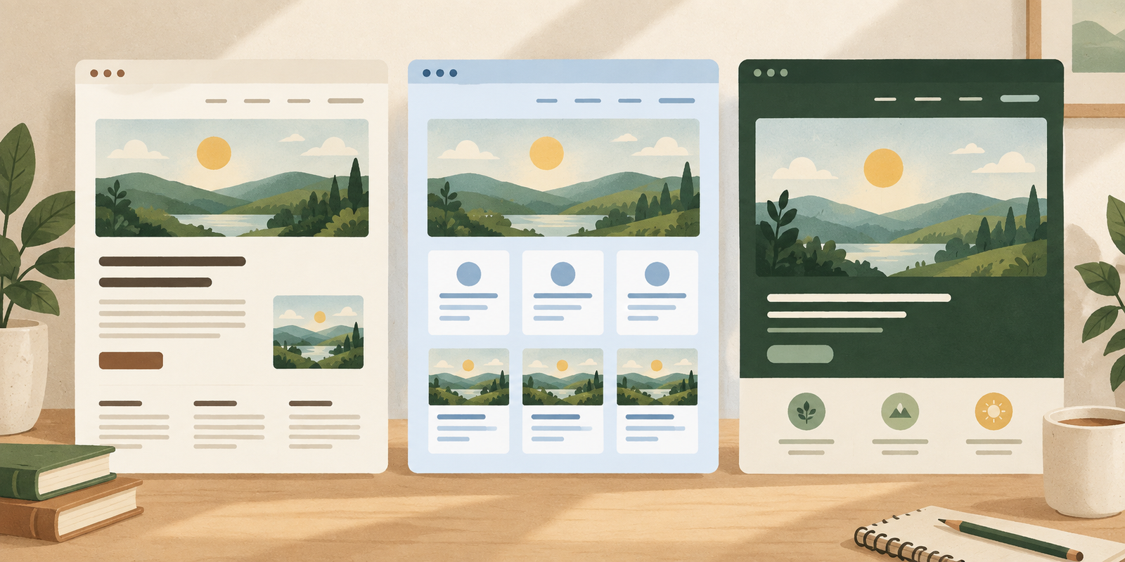 Three website designs show the same landscape picture with different colors and page layouts.
